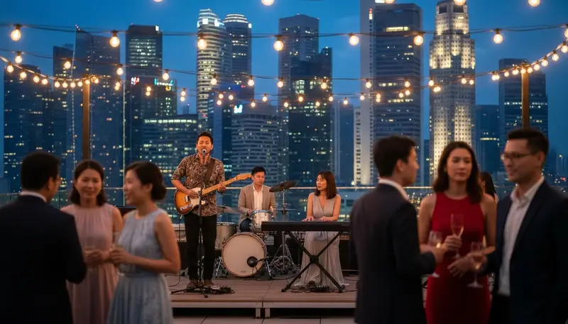 3 piece band in Singapore with a singer and guitarist, a keyboard player and a drummer playing at a rooftop event