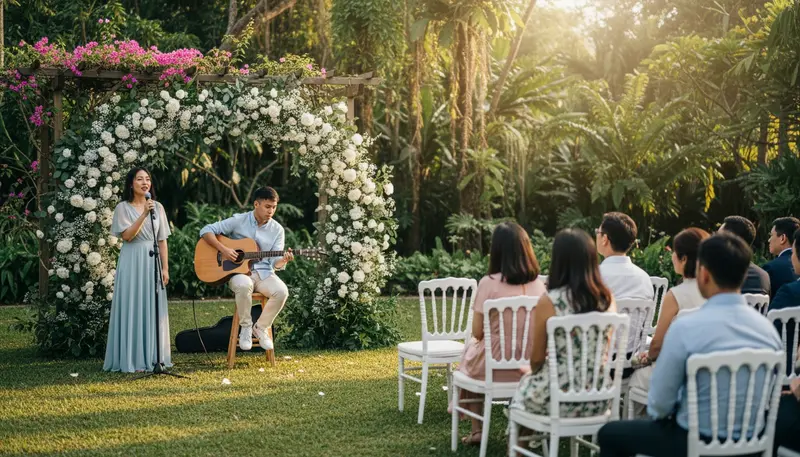 Acoustic duo in Singapore with a female singer and a male guitarist playing at a garden solemnisation