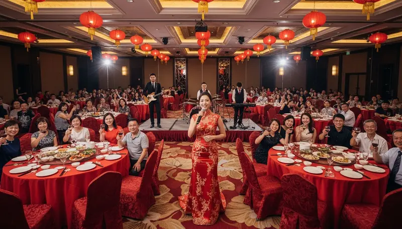 Chinese live band in Singapore with a singer, guitarist and keyboard player playing at a Chinese banquet with red decorations