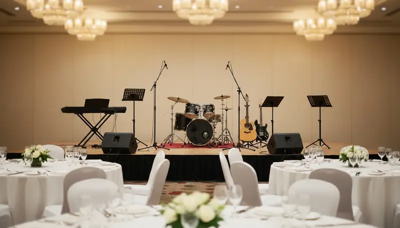 Empty band stage set up before a wedding banquet in Singapore with a drum kit, keyboard, guitars and microphones