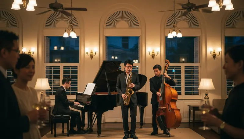 Jazz band in Singapore with a piano, saxophone and double bass playing at a cocktail reception