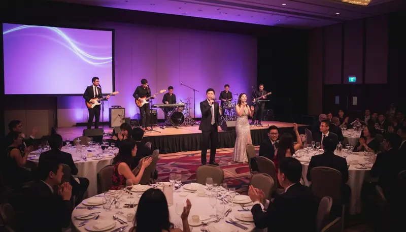 Live band for a corporate event in Singapore playing at a company dinner and dance in a hotel ballroom