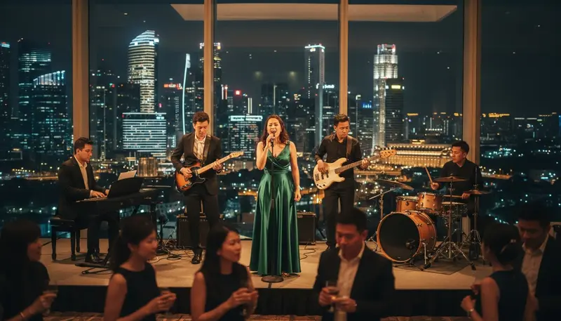 Live band in Singapore with a female singer, guitarist, bass player, keyboard player and drummer playing for guests at an evening event
