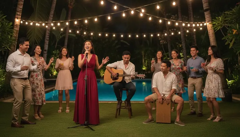 Party band in Singapore playing at a birthday party in the garden of a private house at night