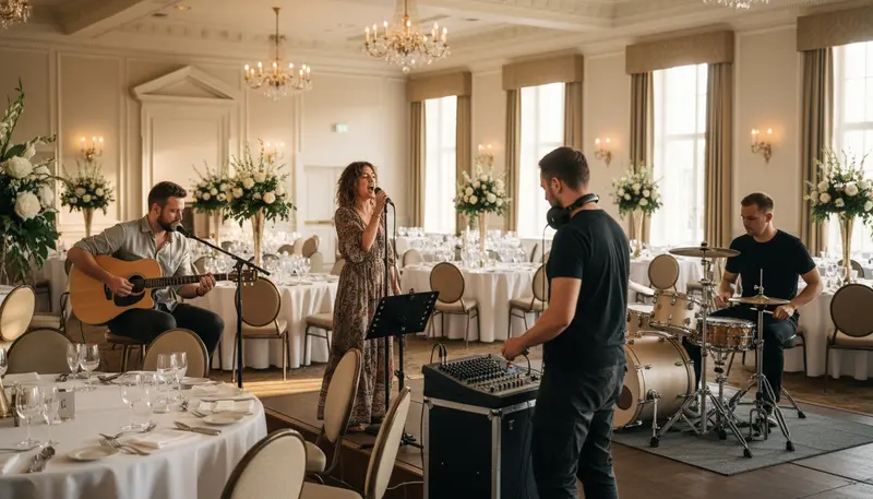 Wedding band doing a sound check with a sound engineer in an empty ballroom before guests arrive