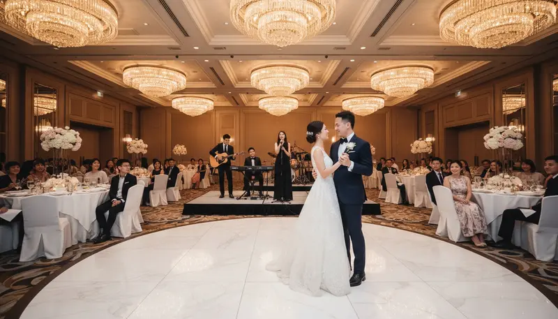 Wedding live band in Singapore playing on a stage at a hotel ballroom wedding banquet while the couple dance